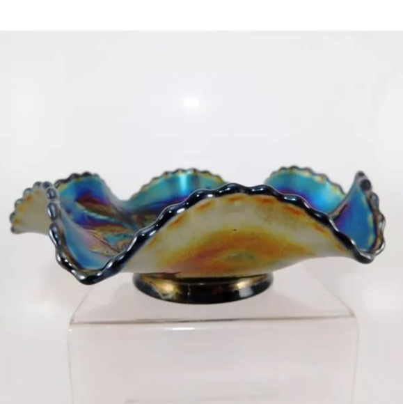 Antique Fenton Black Berry Spray Electric Blue Ruffled Bowl Home Decor GUC - Picture 11 of 11